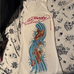 SOLD DO NOT BUYYYY Ed Hardy White Tank Top with Blue and Red Fish Design